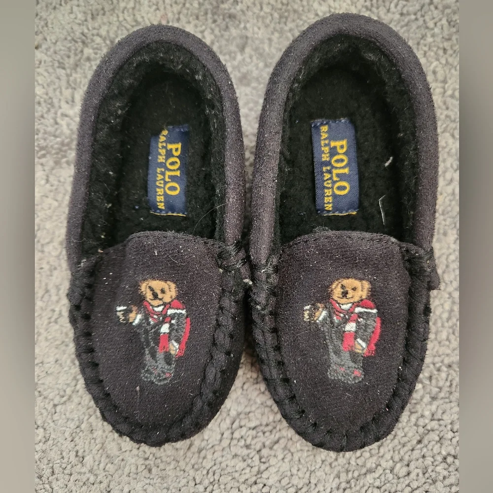 POLO Ralph Lauren Toddler Size 6 Black Teddy Bear Mocassin Slippers Rubber Sole